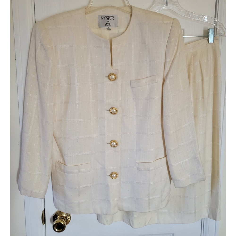 VNTG Kasper For ASL Skirt Suit SZ 10 Jkt 12 Skirt Ivory Windowpane Pockets AS IS